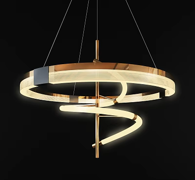 Modern Spiral Circular Chandelier with Golden Metal Frame and Illuminated Light Strips 3d model