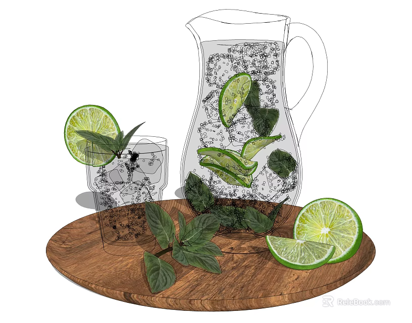 Refreshing Drink with Glass Pitcher Cup Ice Cubes Lime Slices Mint Leaves on Wooden Tray 3d model 
