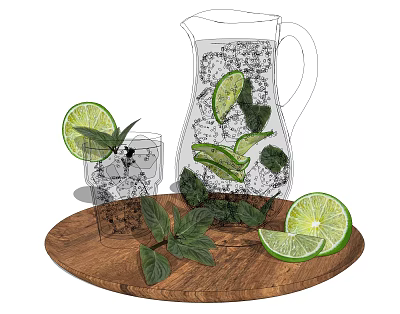 Refreshing Drink with Glass Pitcher Cup Ice Cubes Lime Slices Mint Leaves on Wooden Tray 3d model