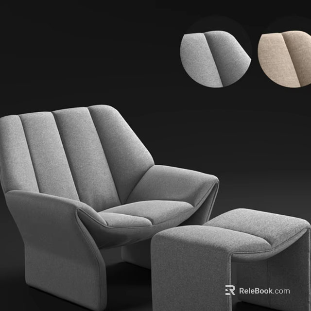 Comfortable Gray Leisure Chair with Ottoman Soft Fabric Curved Design and Swatches 3d model 