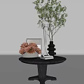 Other Decor On Black Table With Orange Pinecones Photo Frame Silver Sculpture And Green Plant
