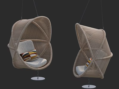 Modern Woven Hanging Chairs With Light Cushions And Colorful Striped Pillows 3d model