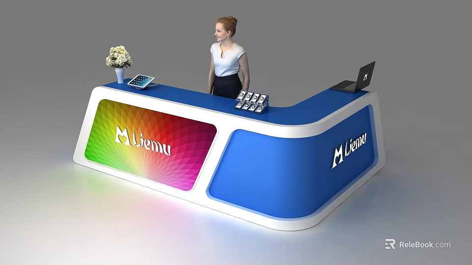 Modern Blue White Reception Desk With Lianu Logo Colorful Panel Flower Vase Tablet And Laptop 3d model 