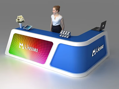 Modern Blue White Reception Desk With Lianu Logo Colorful Panel Flower Vase Tablet And Laptop 3d model