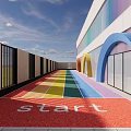 Modern Kindergarten Building With Colorful Arched Doors And Green Grass Lawn