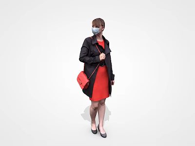 A Woman Wearing a Mask in Black Coat and Red Dress with Red Bag 3d model
