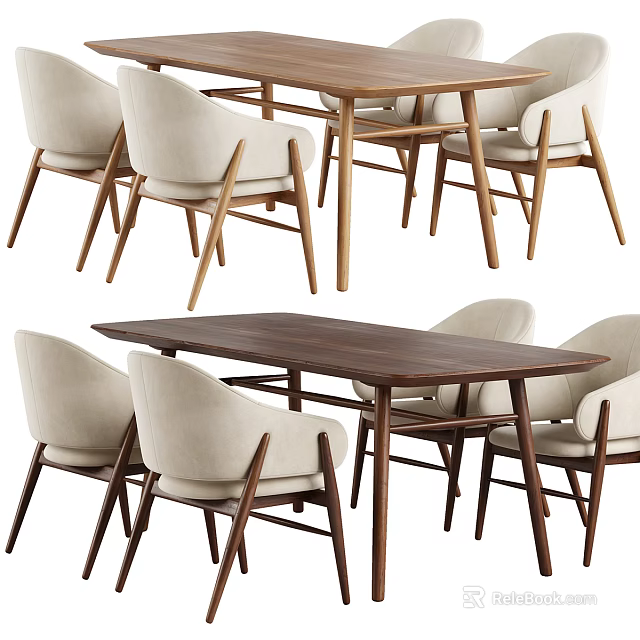 Modern Wooden Dining Table Set With Beige Upholstered Chairs And Solid Wood Frame 3d model