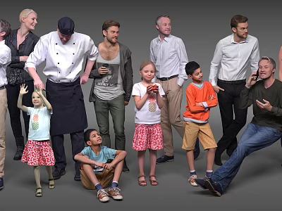 Group of Diverse People of Different Ages Standing and Sitting Together Against Neutral Background 3d model