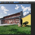 Traditional Chinese Ancient Architecture with Classic Roof Red Pillars Yellow Walls Greenery and Blue Sky