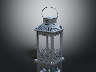 White Lantern With Intricate Cutout Design And Circular Top Handle On Reflective Surface 3d model