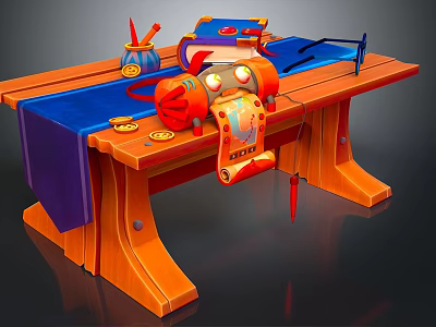 Wooden Workbench Interior With Blue Mat And Colorful Craft Tools 3d model