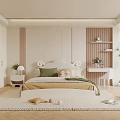 Modern Kids Room With Beige Arched Wardrobe Upholstered Bed Green Cushions Desk Plant And Rug
