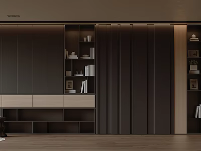 Elegant Modern Interior Decorative Cabinet With Dark Wooden Shelves And Decor Items 3d model
