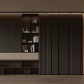Elegant Modern Interior Decorative Cabinet With Dark Wooden Shelves And Decor Items