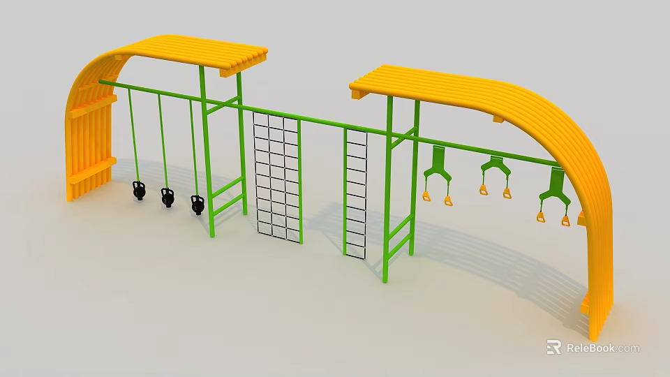 Children's Play Area With Yellow Canopies Green Frames Climbing Net Ladder And Swings 3d model 