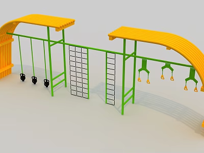 Children's Play Area With Yellow Canopies Green Frames Climbing Net Ladder And Swings 3d model