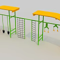 Children's Play Area With Yellow Canopies Green Frames Climbing Net Ladder And Swings