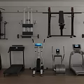 Assorted Sports Equipment Including Treadmills Elliptical Machines And Wall Mounted Fitness Trainers