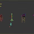 Three Wooden Furniture Shelves And Stands On Gray Background With Reflective Floor
