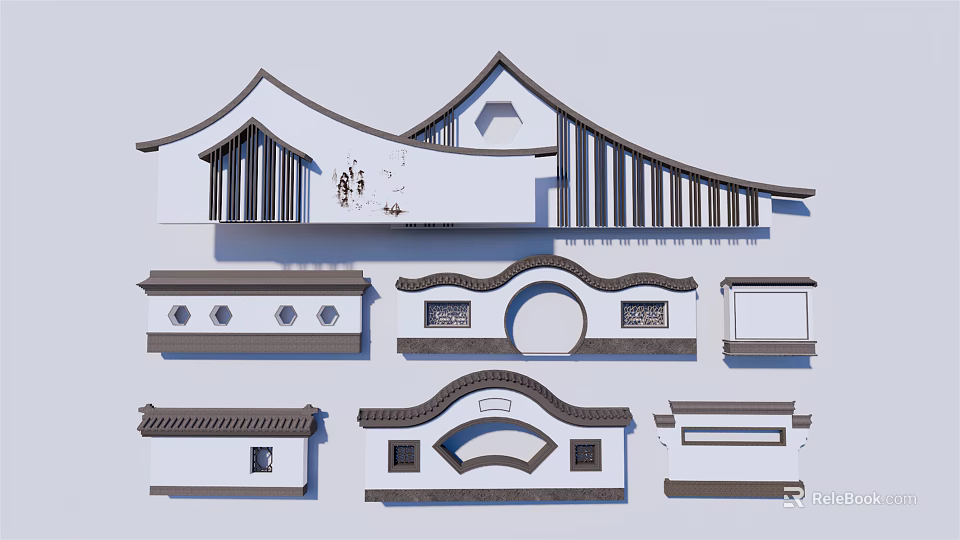 Traditional Chinese Building Exterior Wall With Curved Eaves And Wooden Grilles Design 3d model 