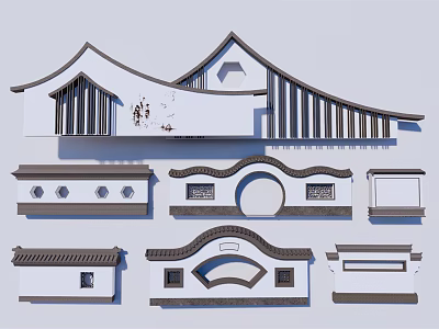 Traditional Chinese Building Exterior Wall With Curved Eaves And Wooden Grilles Design 3d model