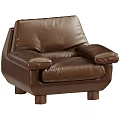 Modern Comfortable Brown Leather Single Sofa with Armrests and Wooden Legs