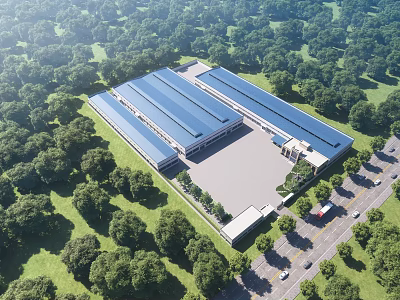 Modern Industrial Factory Building Surrounded by Lush Green Trees and Parking Area 3d model