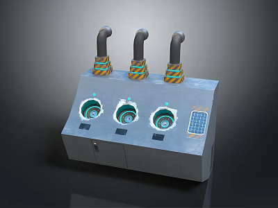 Gray Mechanical Device With Three Colored Striped Pipes Three Circular Openings And Control Panel 3d model