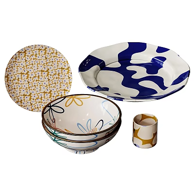 Colorful Floral Dinnerware Set with Yellow Plate Blue Tray Stacked Bowls and Cup 3d model