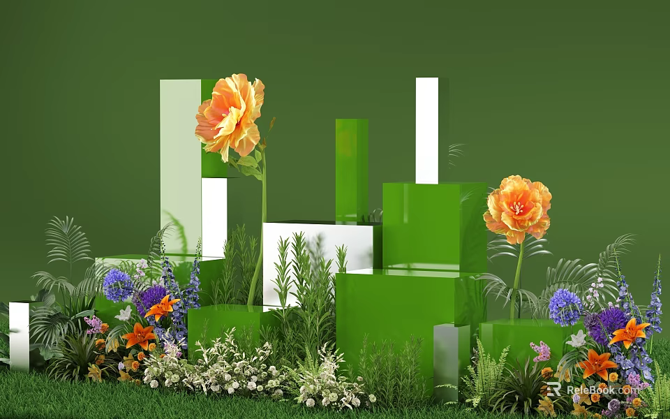Decorative Floral Display with Green White Cubes Orange Flowers and Colorful Garden Plants 3d model 