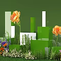 Decorative Floral Display with Green White Cubes Orange Flowers and Colorful Garden Plants