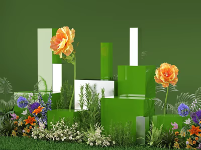 Decorative Floral Display with Green White Cubes Orange Flowers and Colorful Garden Plants 3d model