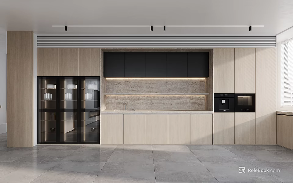 Modern Kitchen Interior With Light Wood And Black Cabinets Stone Countertop And Track Lighting 3d model 