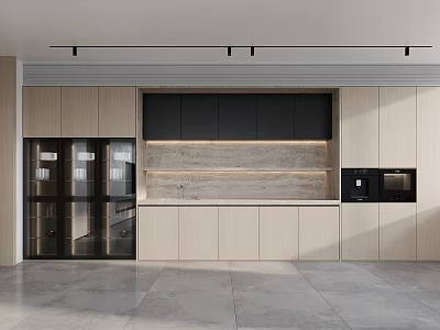 Modern Kitchen Interior With Light Wood And Black Cabinets Stone Countertop And Track Lighting 3d model