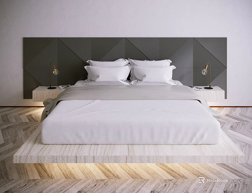 Modern Minimalist Double Bed with Dark Gray Geometric Headboard White Sheets and Herringbone Floor 3d model 