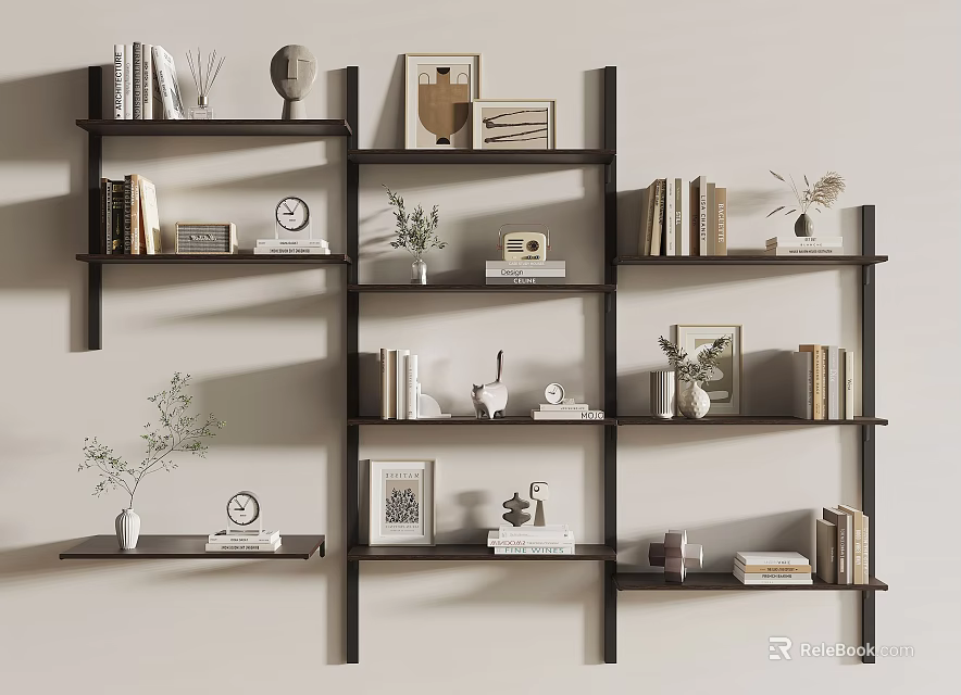 Elegant Wall Hanging Cabinets With Books Photo Frames And Decorative Plants 3d model 