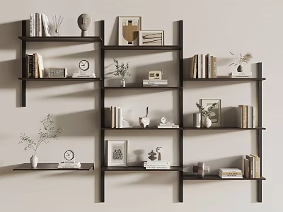 Elegant Wall Hanging Cabinets With Books Photo Frames And Decorative Plants 3d model