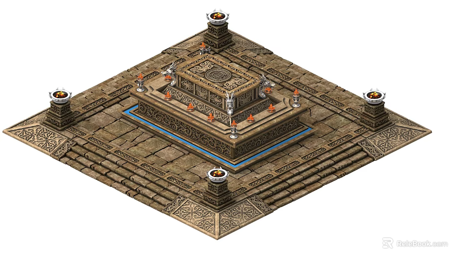Ancient Multi Tiered Stone Altar With Central Square Structure And Flaming Torches 3d model