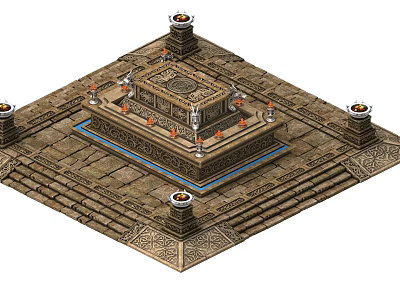 Ancient Multi Tiered Stone Altar With Central Square Structure And Flaming Torches 3d model