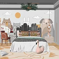 Kids Room Interior Design With Cartoon Animal Wall Decor Bed Desk Chair And Flamingo Rug