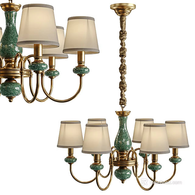 Elegant Green and Gold Chandelier with Multiple Cream Shades and Classic Decorative Elements 3d model 