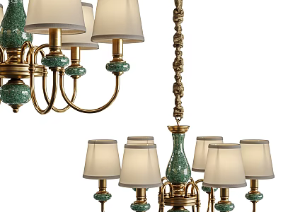 Elegant Green and Gold Chandelier with Multiple Cream Shades and Classic Decorative Elements 3d model