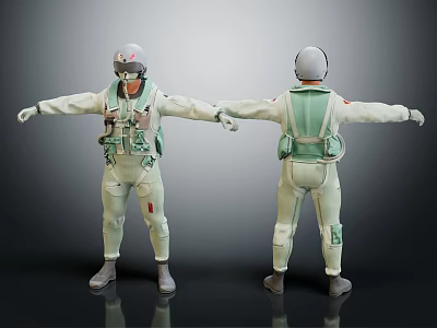 Pilot Figure in White Flight Suit with Green Equipment Helmet Front and Back Views 3d model