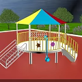 Outdoor Playground Equipment Featuring Colorful Canopy Yellow Railings White Stairs Red Floor and Green Grass