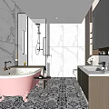 Luxurious Bathroom Interior With Pink Bathtub Marble Walls And Double Vanity Sink