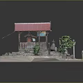 Traditional Wooden Pavilion Model With Red Roof Fence Stone Urn Steps And Trees
