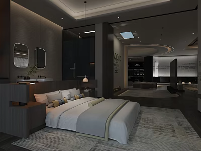 Modern Bedroom Furniture Store With Stylish Bed Nightstand And Pendant Light 3d model