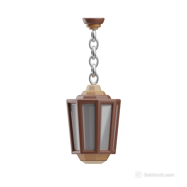Classic Wooden Hanging Lamp With Glass Panels And Metal Chain Design 3d model 