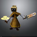 Cartoon Character With Golden Crown Brown Robe Large Sword And Gold Coins