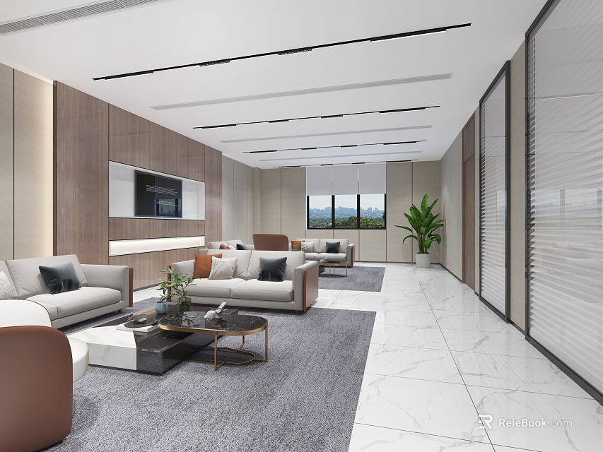 Modern Lounge Area Interior With Sofas Coffee Tables Potted Plant Wooden Walls And Marble Flooring 3d model 